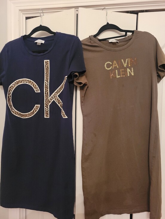 Calvin Klein Dresses & Skirts - TWO Calvin Klein Navy & Olive Green Tee Dresses with Leopard Logo Detail